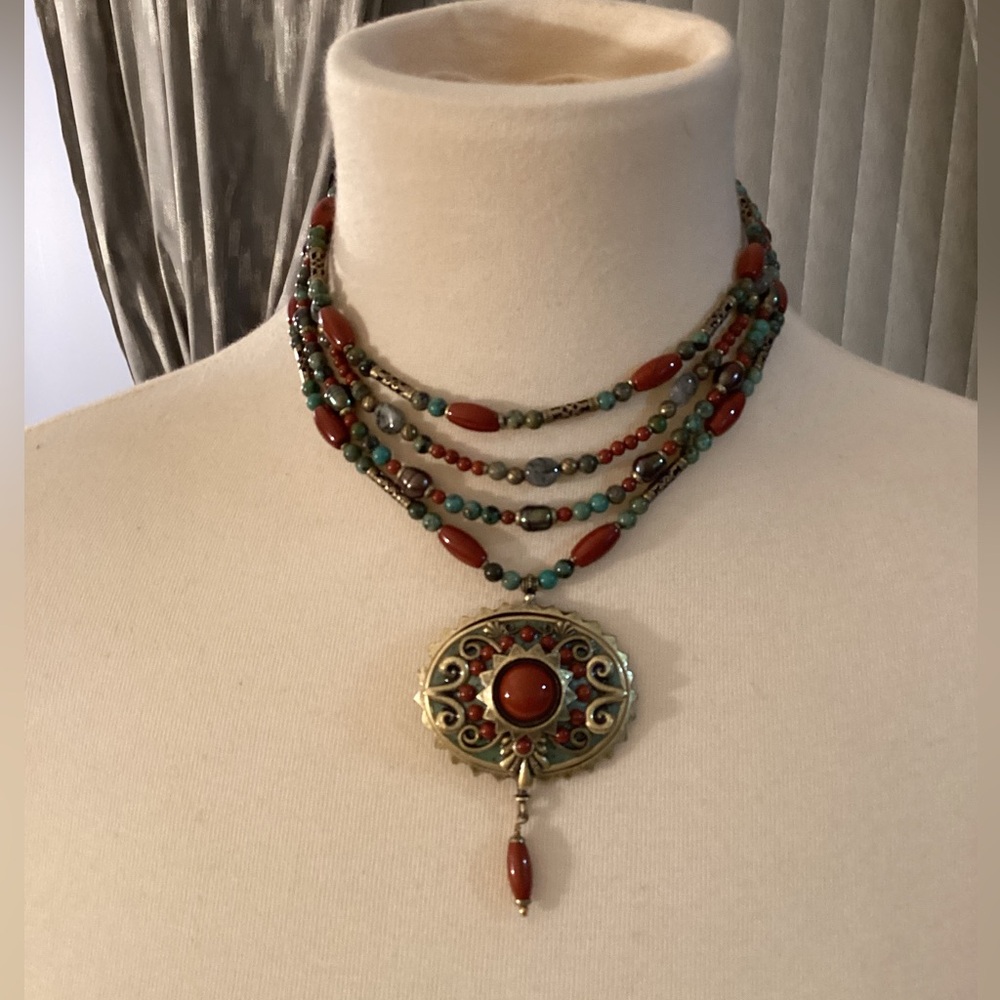 Michael Golan Three Strand Beaded Choker Necklace with Large Pendant